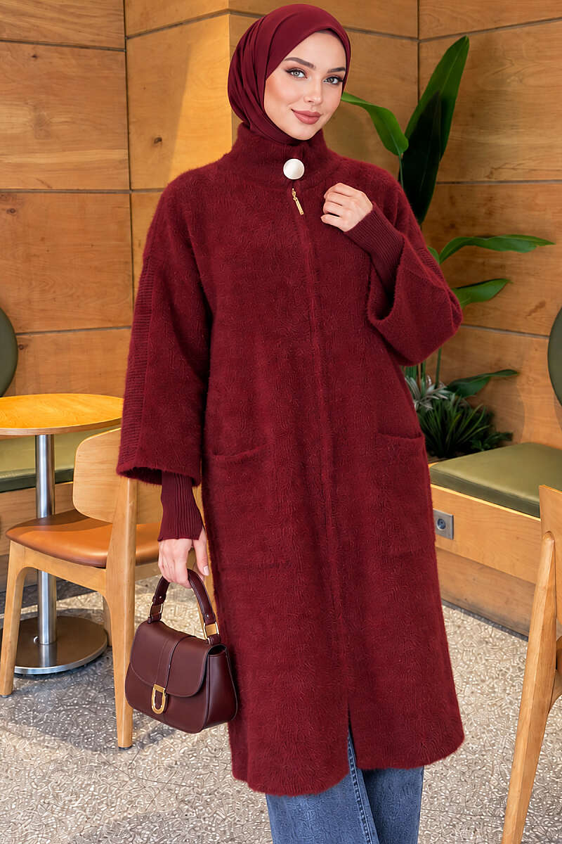 Long Brushed Cardigan with Button Collar - Burgundy