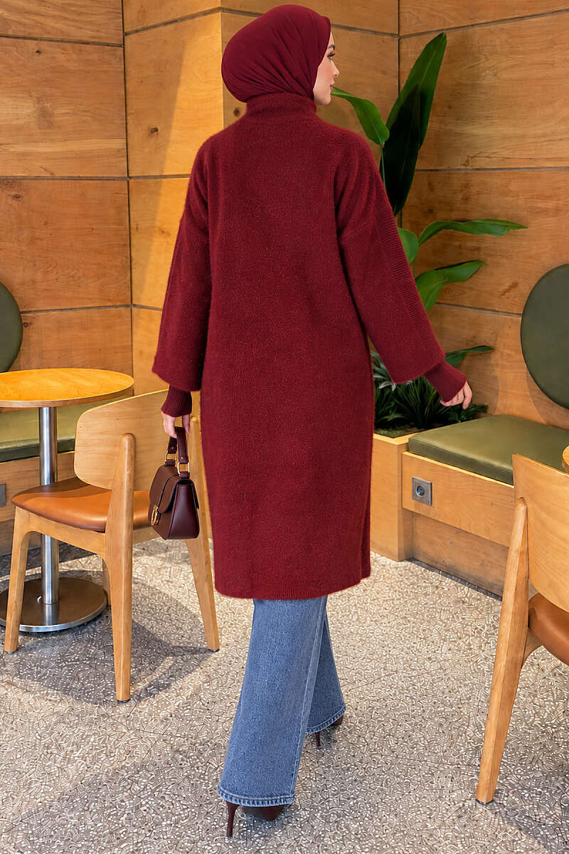 Long Brushed Cardigan with Button Collar - Burgundy