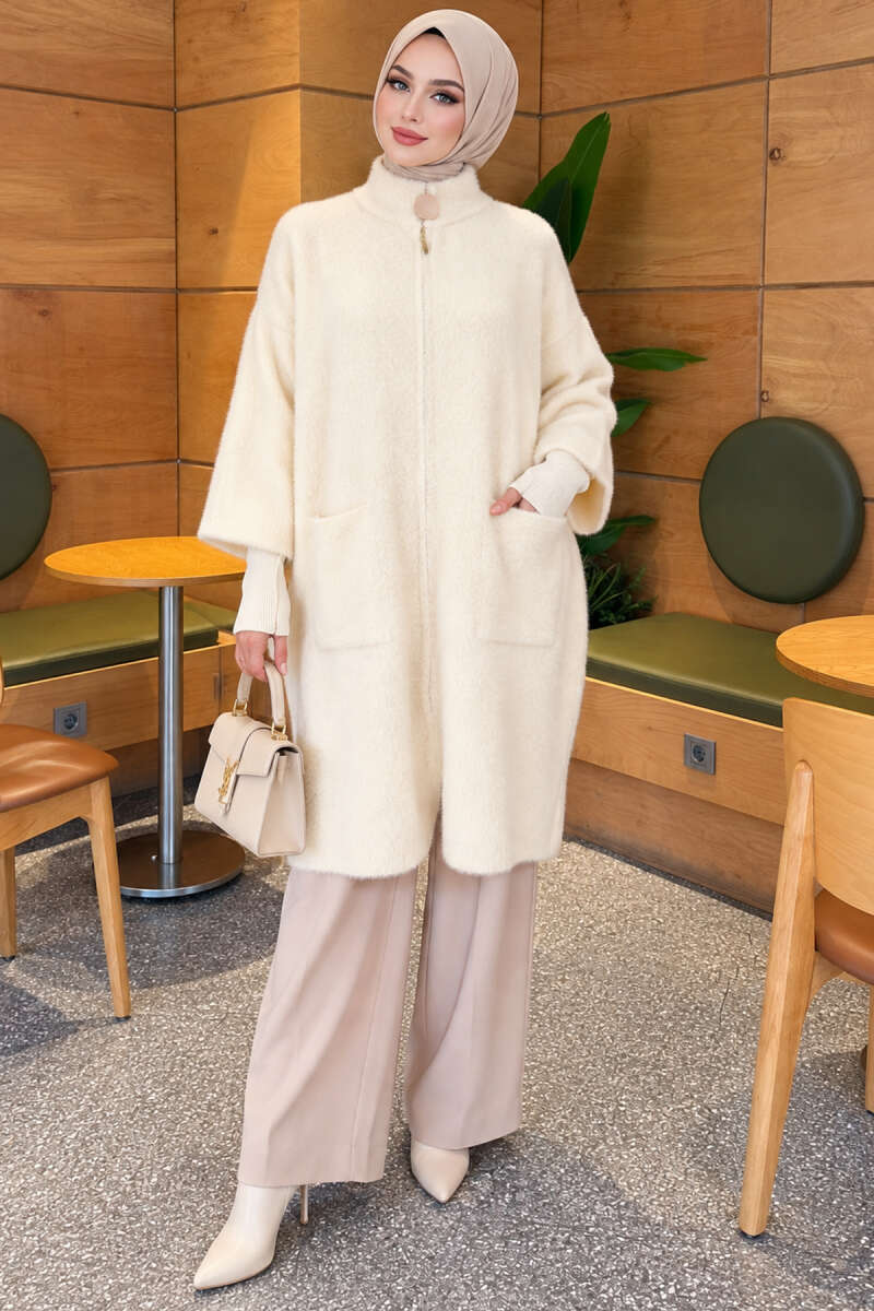 Long Brushed Cardigan with Button Collar - Ecru