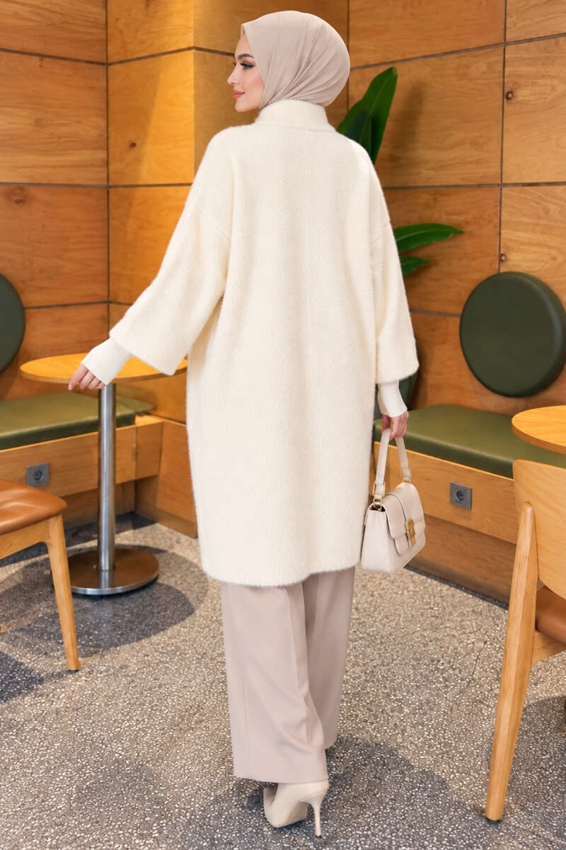 Long Brushed Cardigan with Button Collar - Ecru