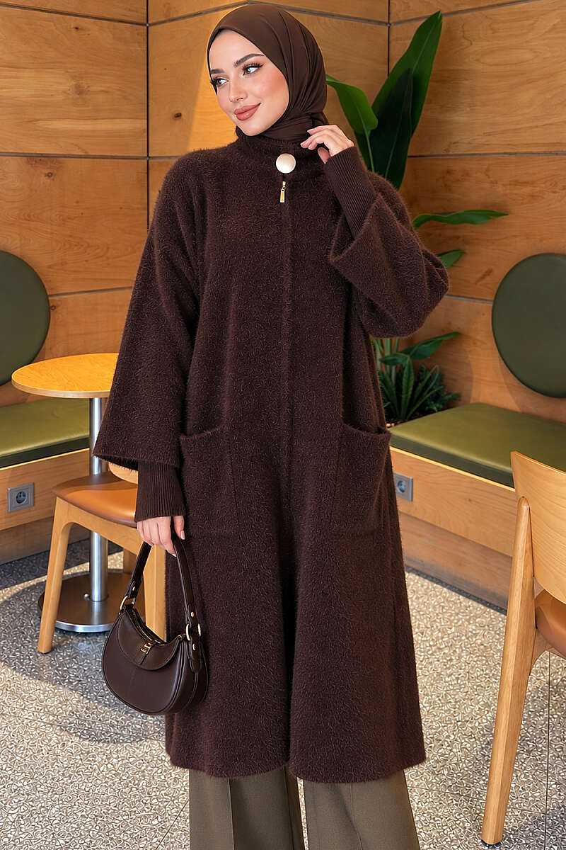 Long Brushed Cardigan with Button Collar - Brown