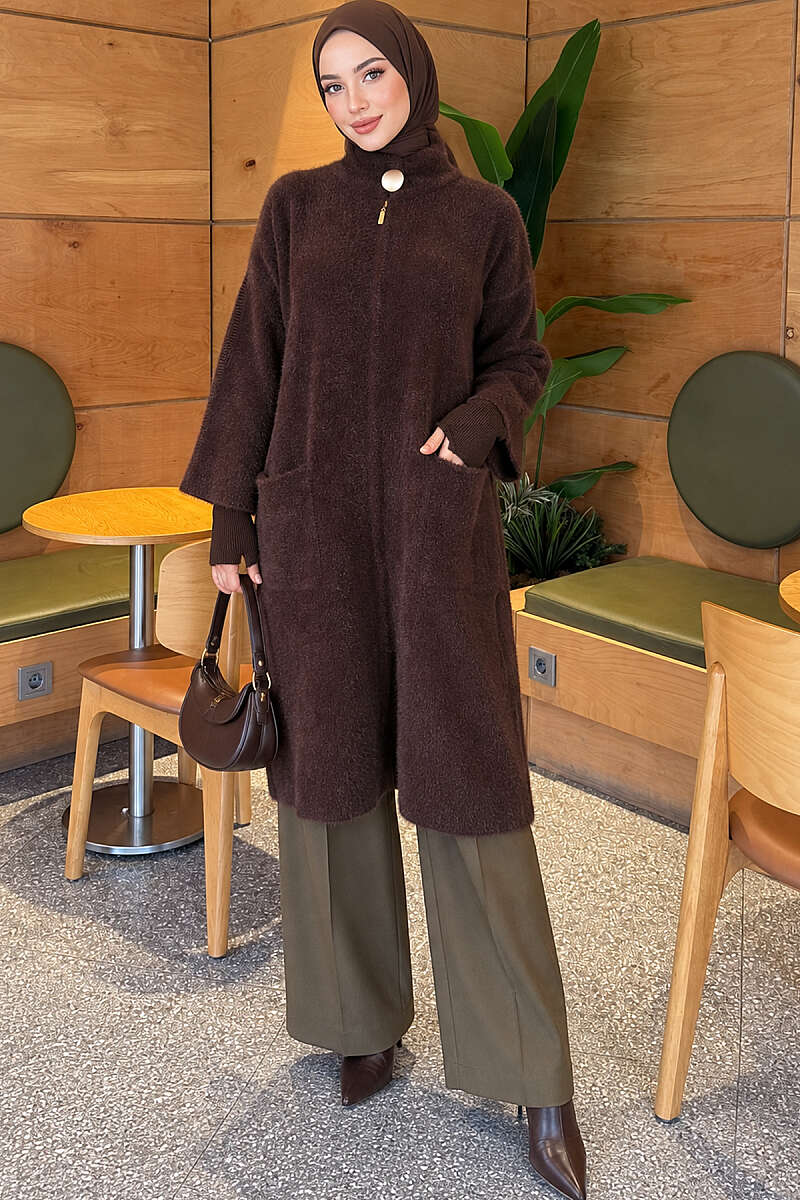 Long Brushed Cardigan with Button Collar - Brown