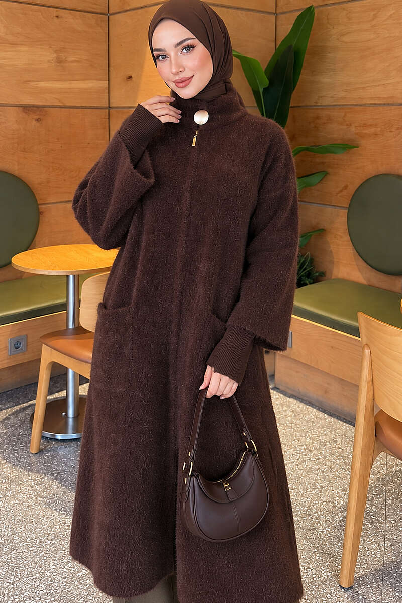 Long Brushed Cardigan with Button Collar - Brown