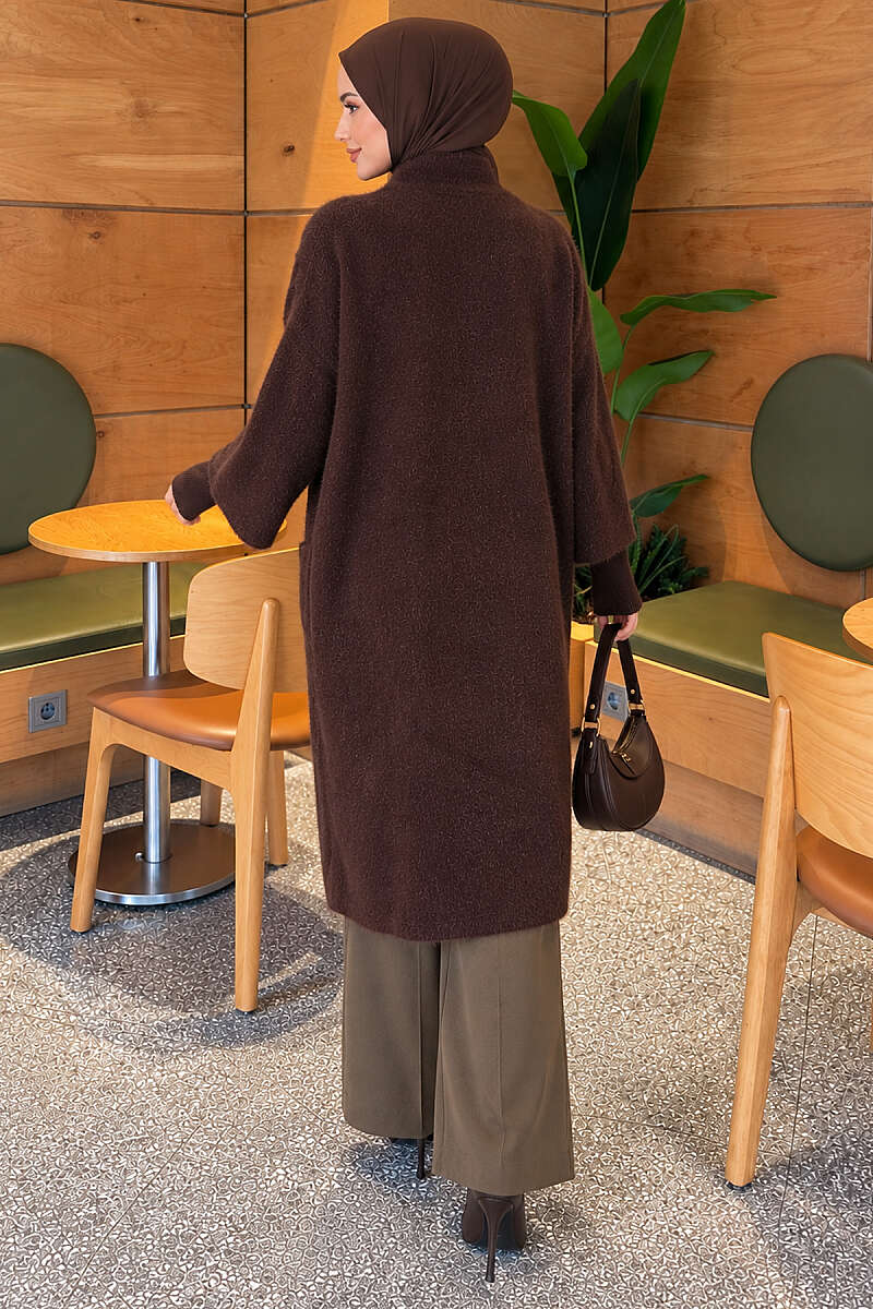 Long Brushed Cardigan with Button Collar - Brown