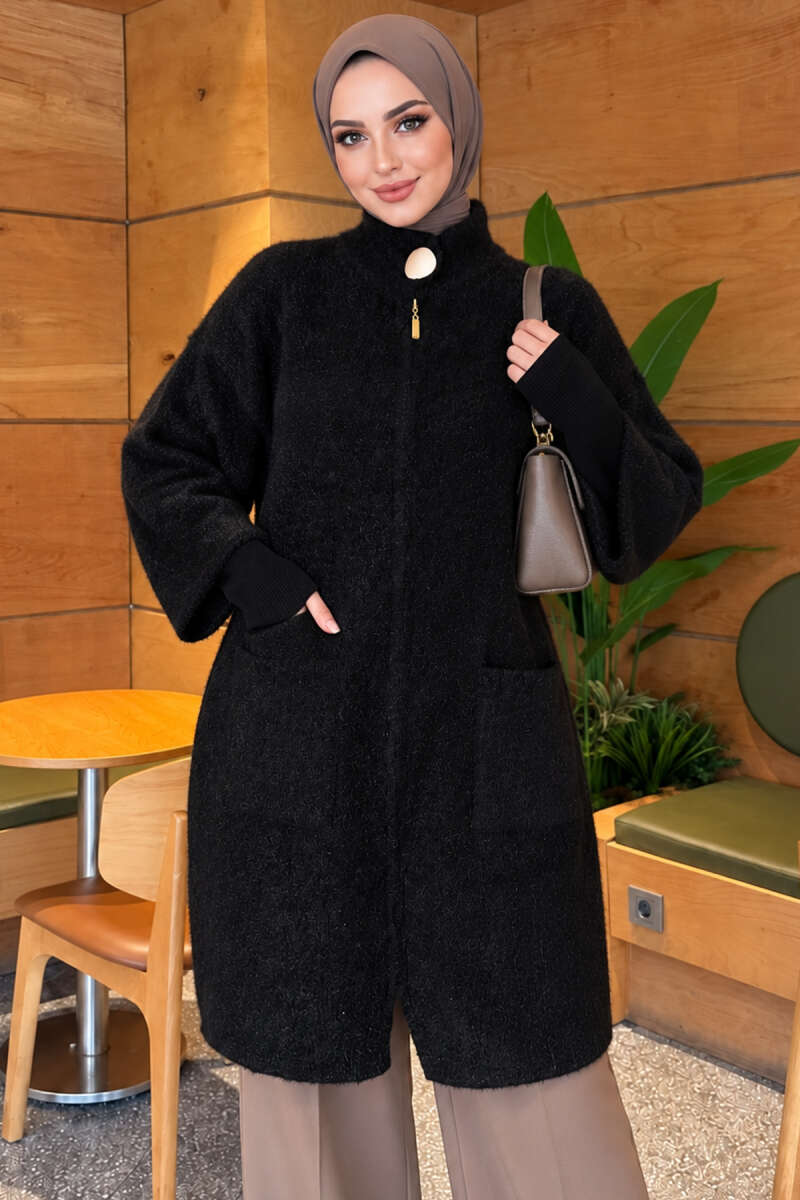 Long Brushed Cardigan with Button Collar - Black