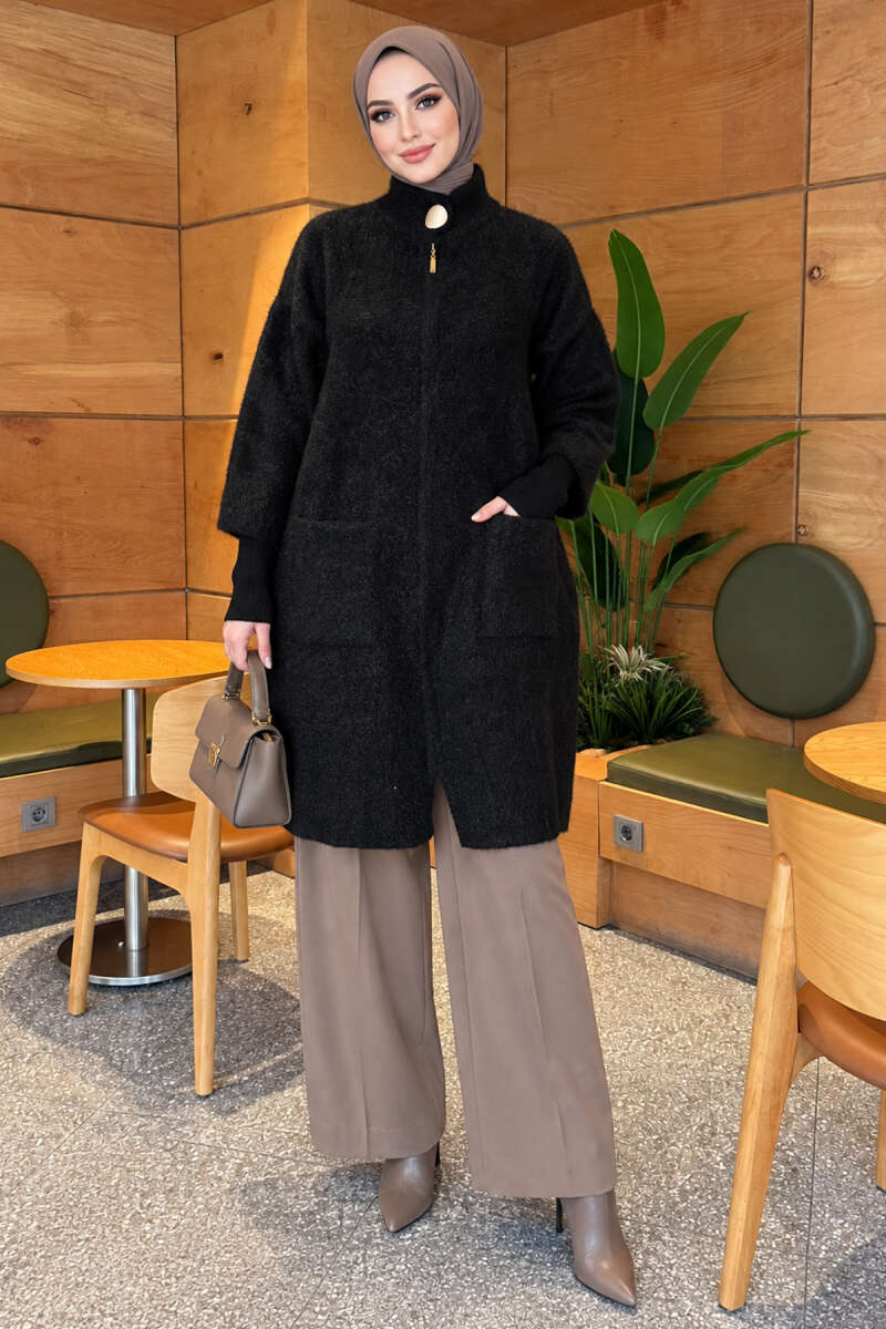 Long Brushed Cardigan with Button Collar - Black