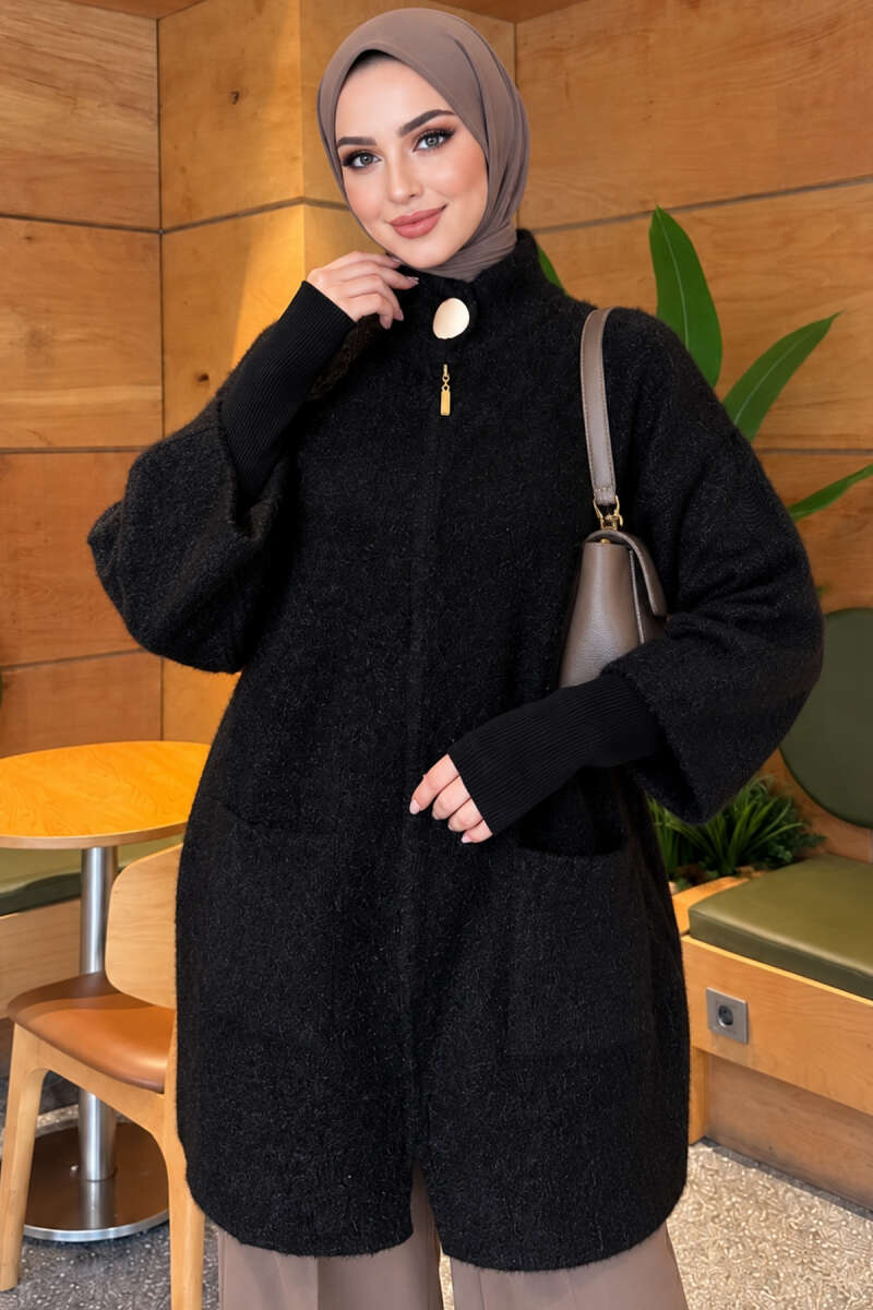Long Brushed Cardigan with Button Collar - Black