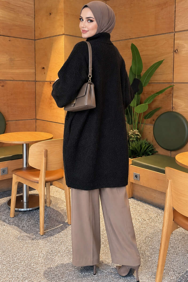 Long Brushed Cardigan with Button Collar - Black