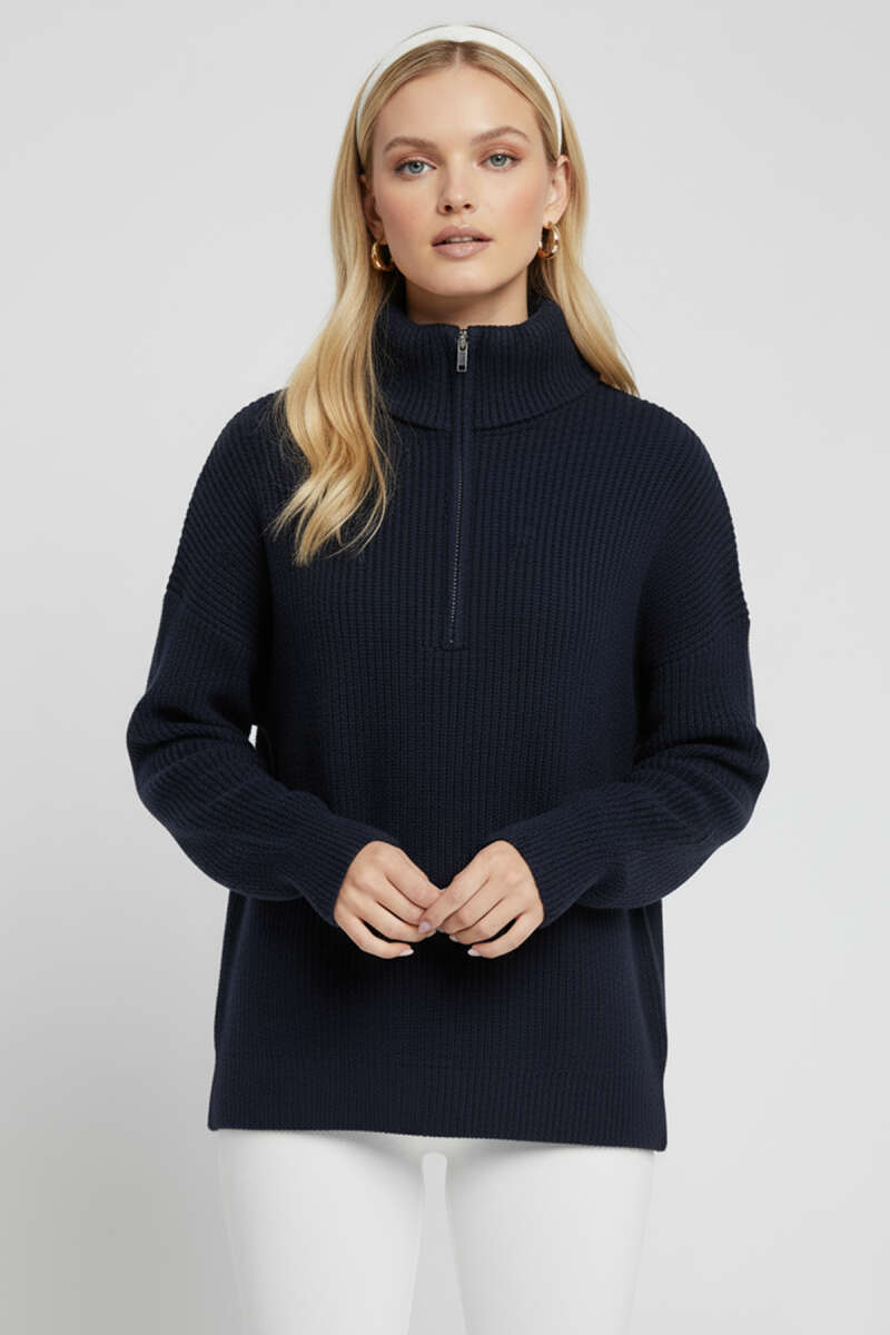 Zip-Collar Knit Sweater - Navy