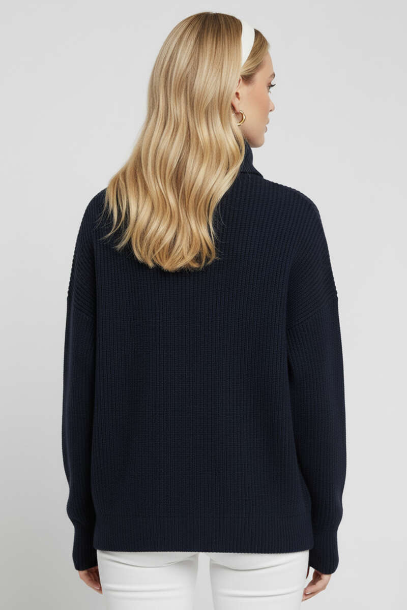 Zip-Collar Knit Sweater - Navy