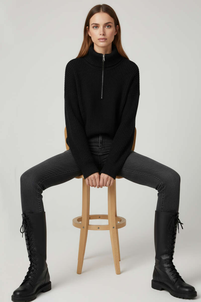 Zip-Collar Knit Sweater - Black