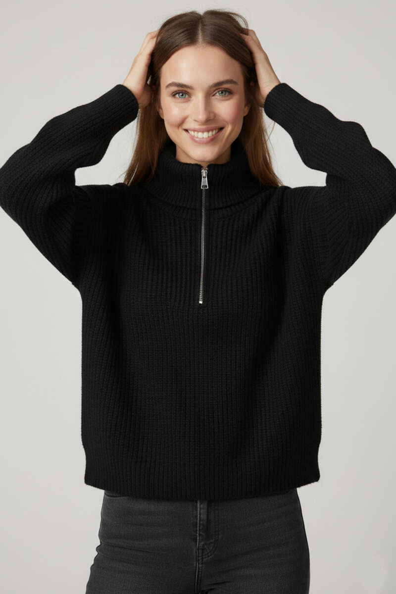 Zip-Collar Knit Sweater - Black