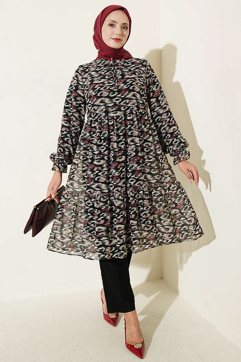 Chiffon Tunic with Ruffle Collar - Burgundy