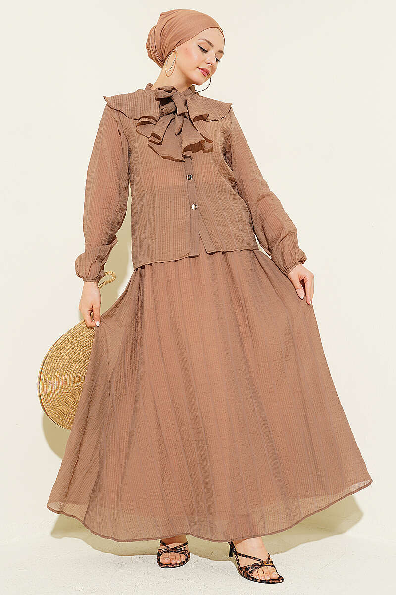 Two-Piece Skirt Set with Ruffled Collar and Ties - Mink