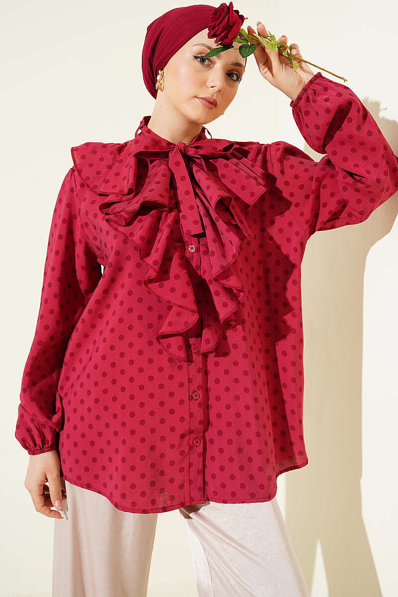 Polka Dot Shirt with Ruffle Collar and Ties - Burgundy