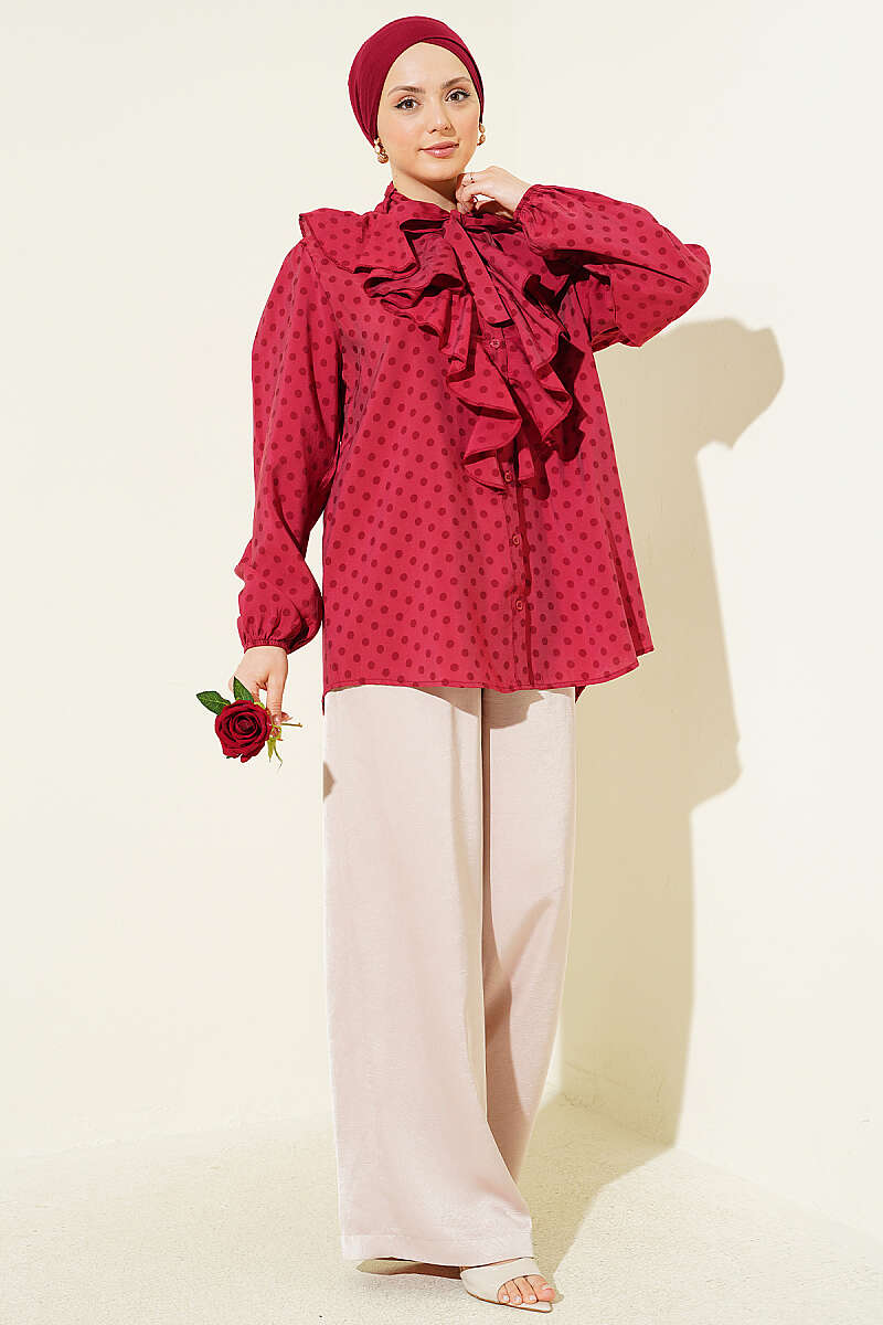Polka Dot Shirt with Ruffle Collar and Ties - Burgundy