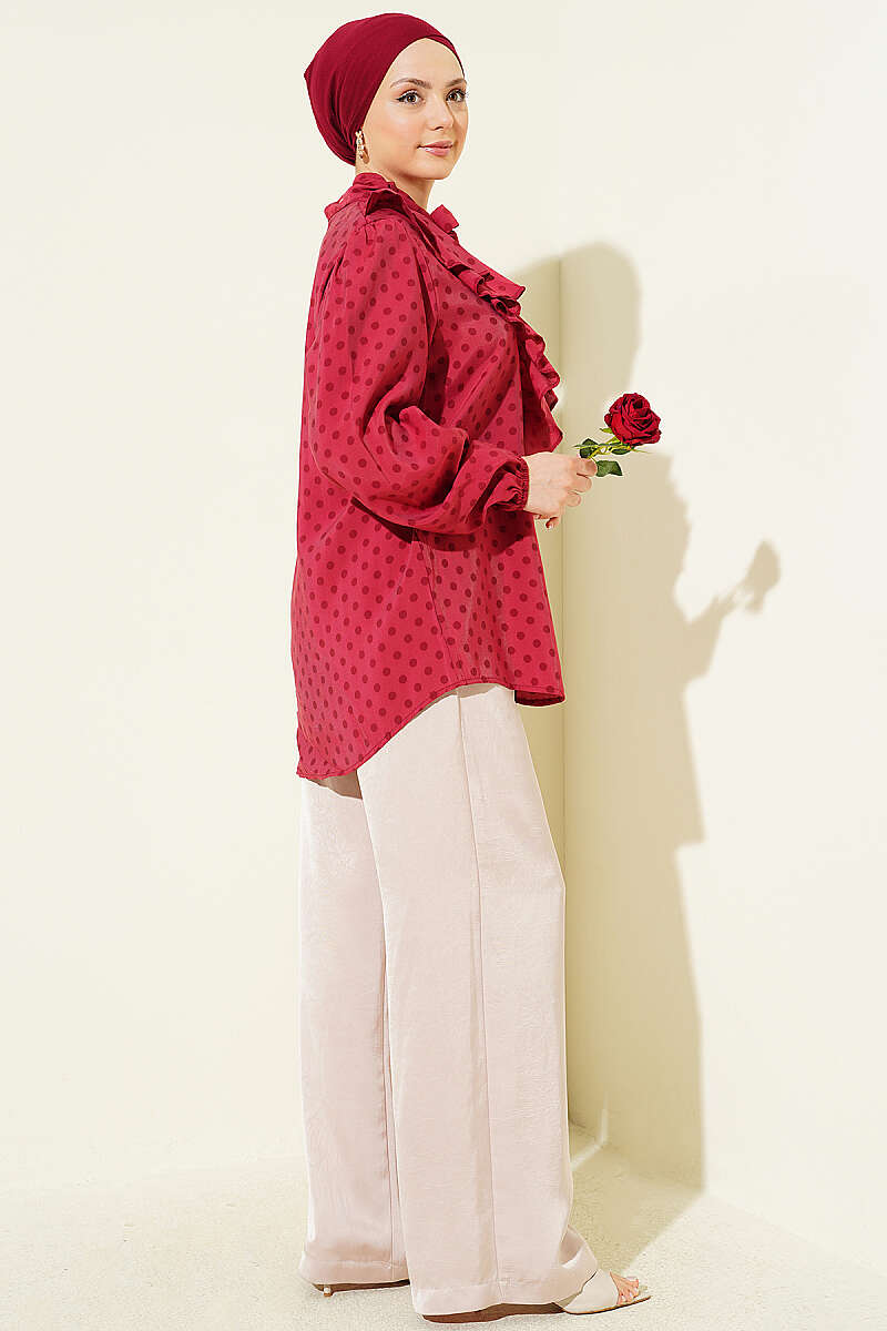 Polka Dot Shirt with Ruffle Collar and Ties - Burgundy