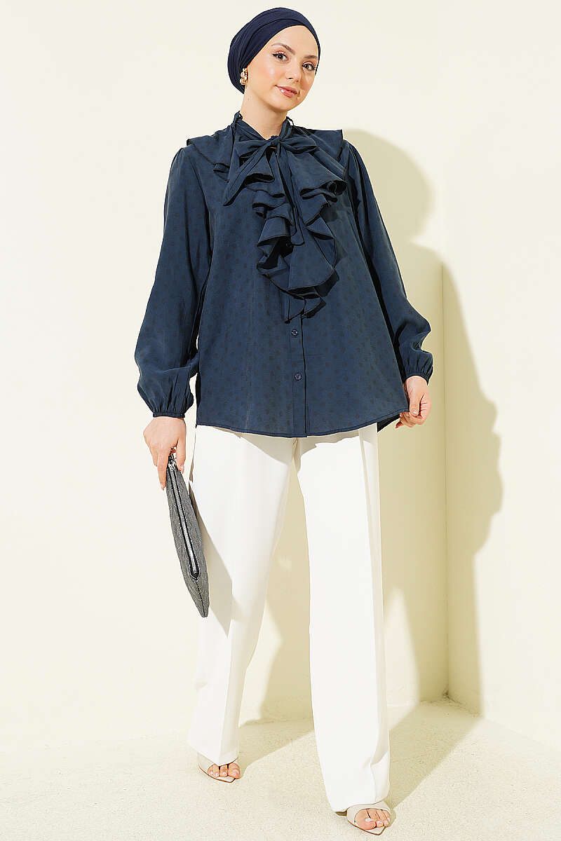 Polka Dot Shirt with Ruffle Collar and Ties - Smoke Grey