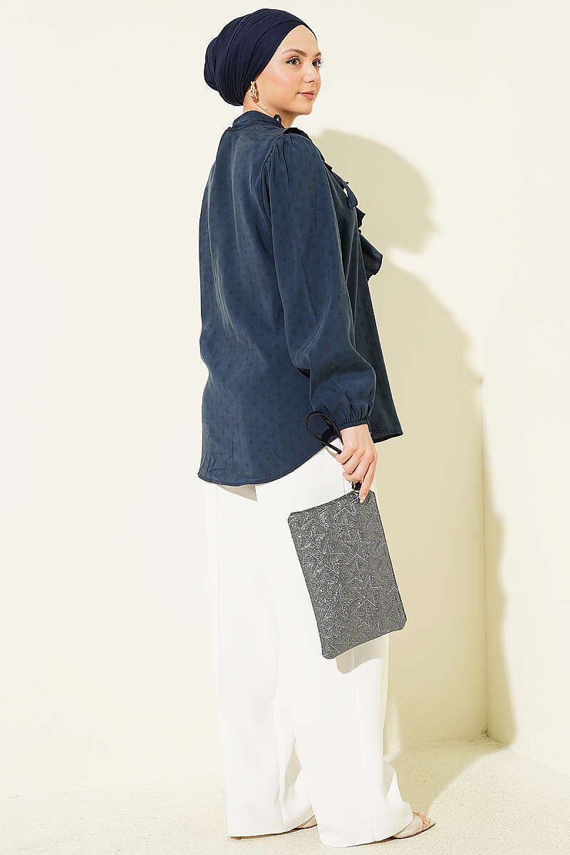 Polka Dot Shirt with Ruffle Collar and Ties - Smoke Grey