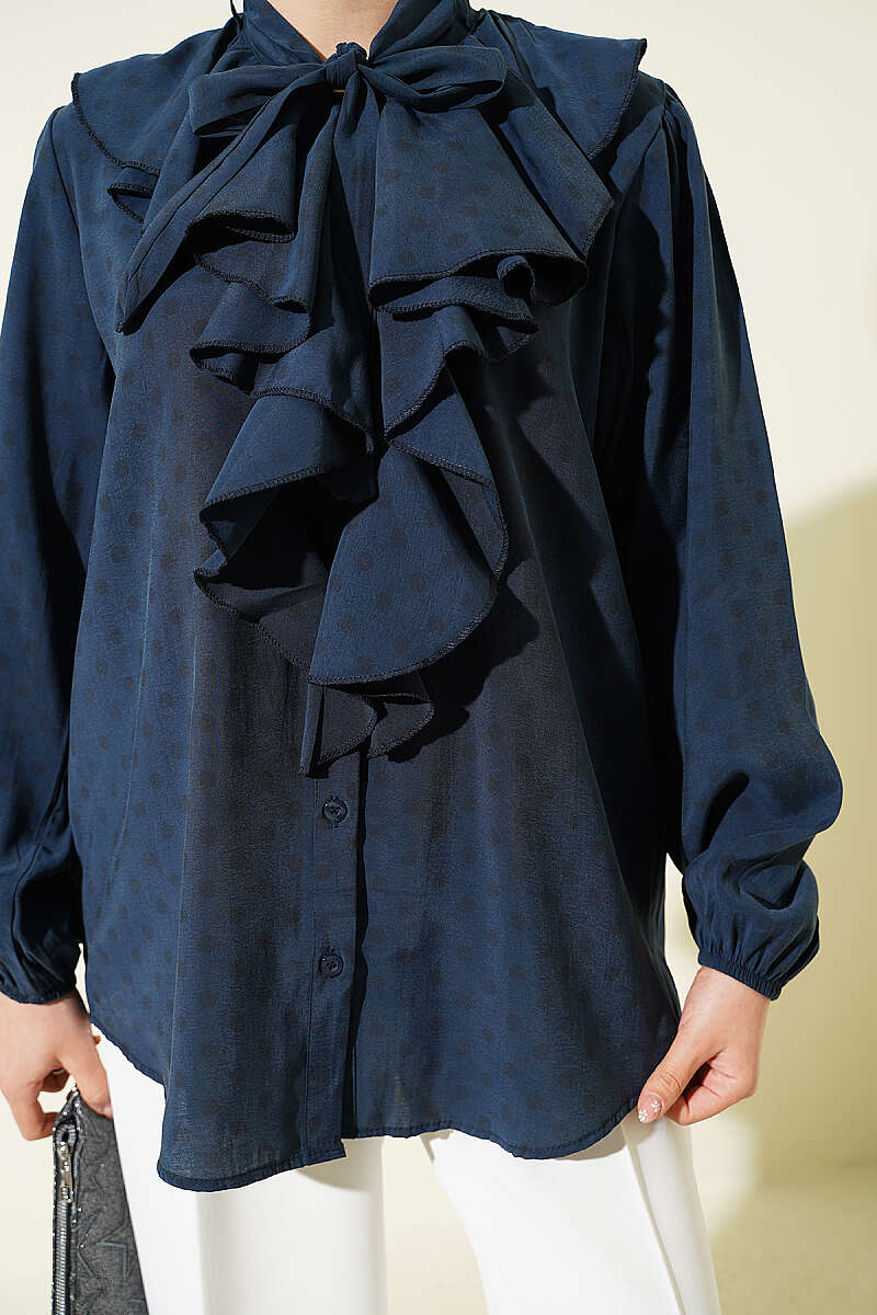Polka Dot Shirt with Ruffle Collar and Ties - Smoke Grey