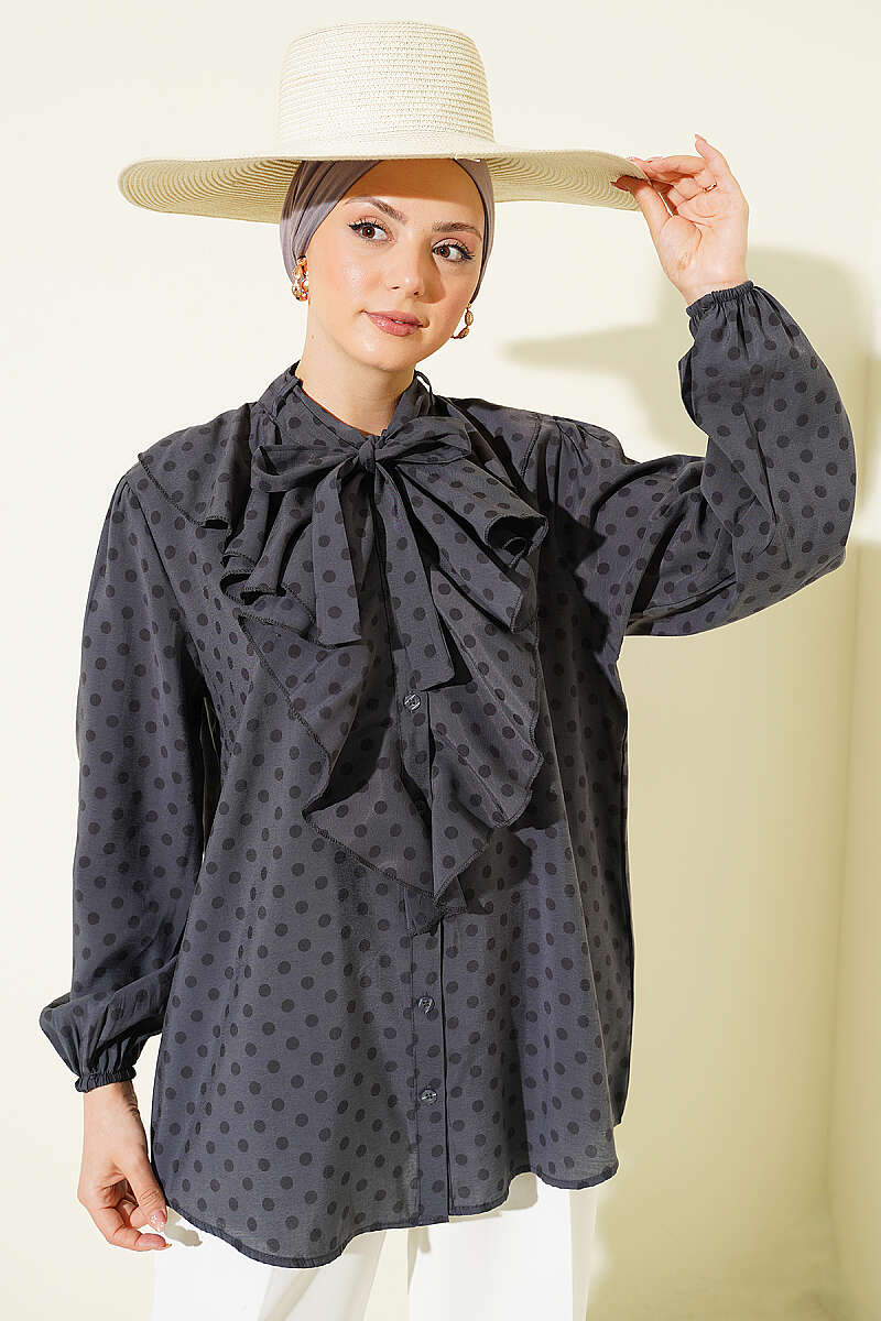 Polka Dot Shirt with Ruffle Collar and Ties - Slate Grey