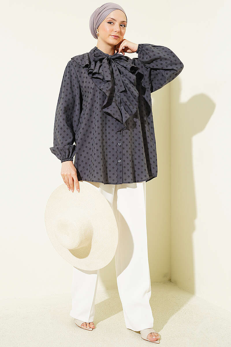 Polka Dot Shirt with Ruffle Collar and Ties - Slate Grey