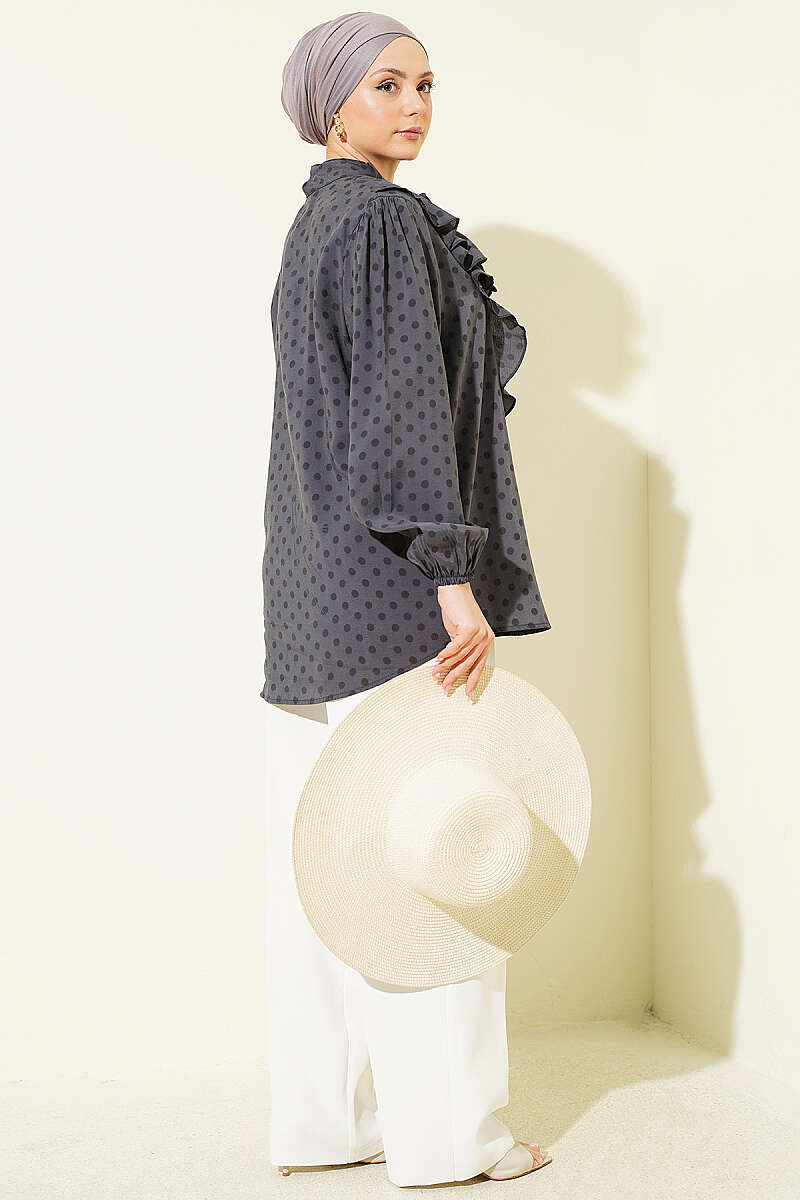 Polka Dot Shirt with Ruffle Collar and Ties - Slate Grey