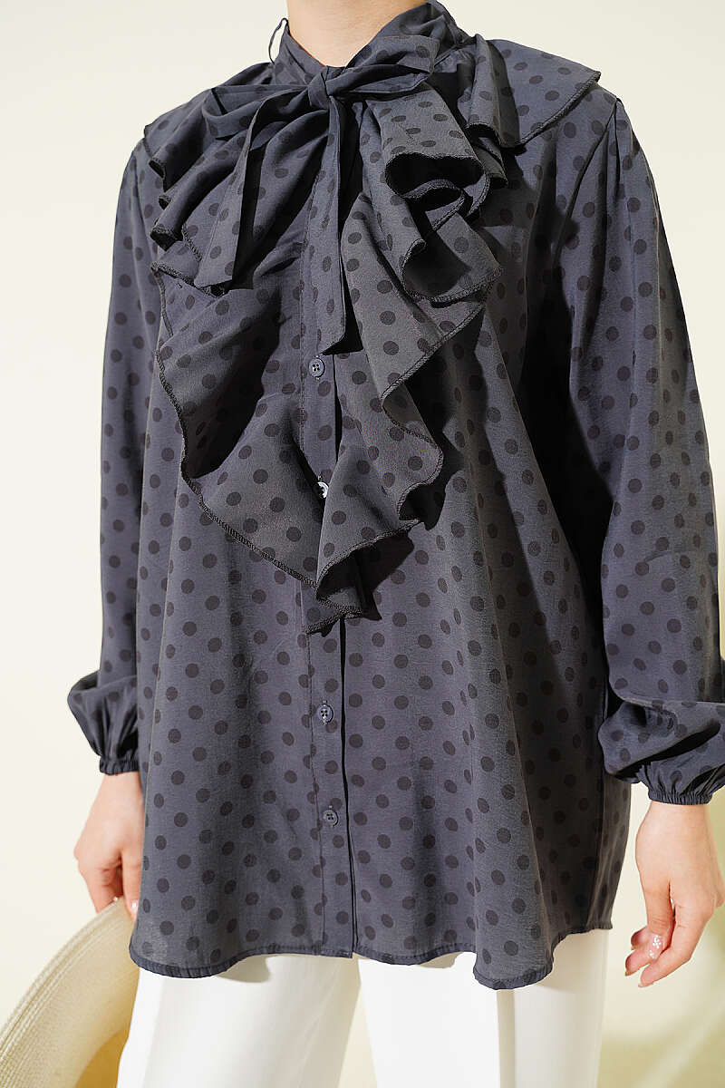 Polka Dot Shirt with Ruffle Collar and Ties - Slate Grey
