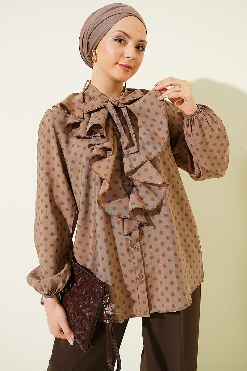 Polka Dot Shirt with Ruffle Collar and Ties - Mink
