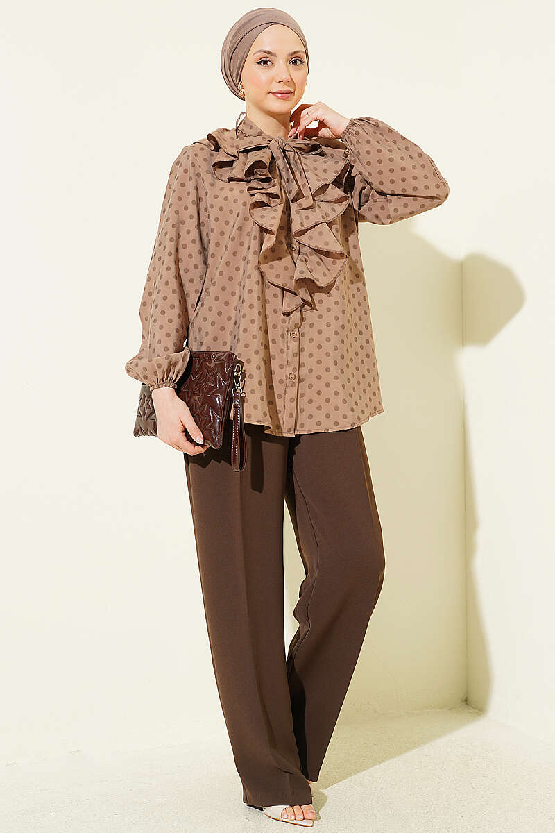 Polka Dot Shirt with Ruffle Collar and Ties - Mink