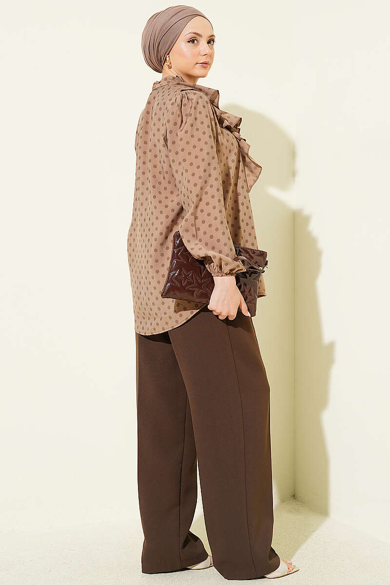 Polka Dot Shirt with Ruffle Collar and Ties - Mink