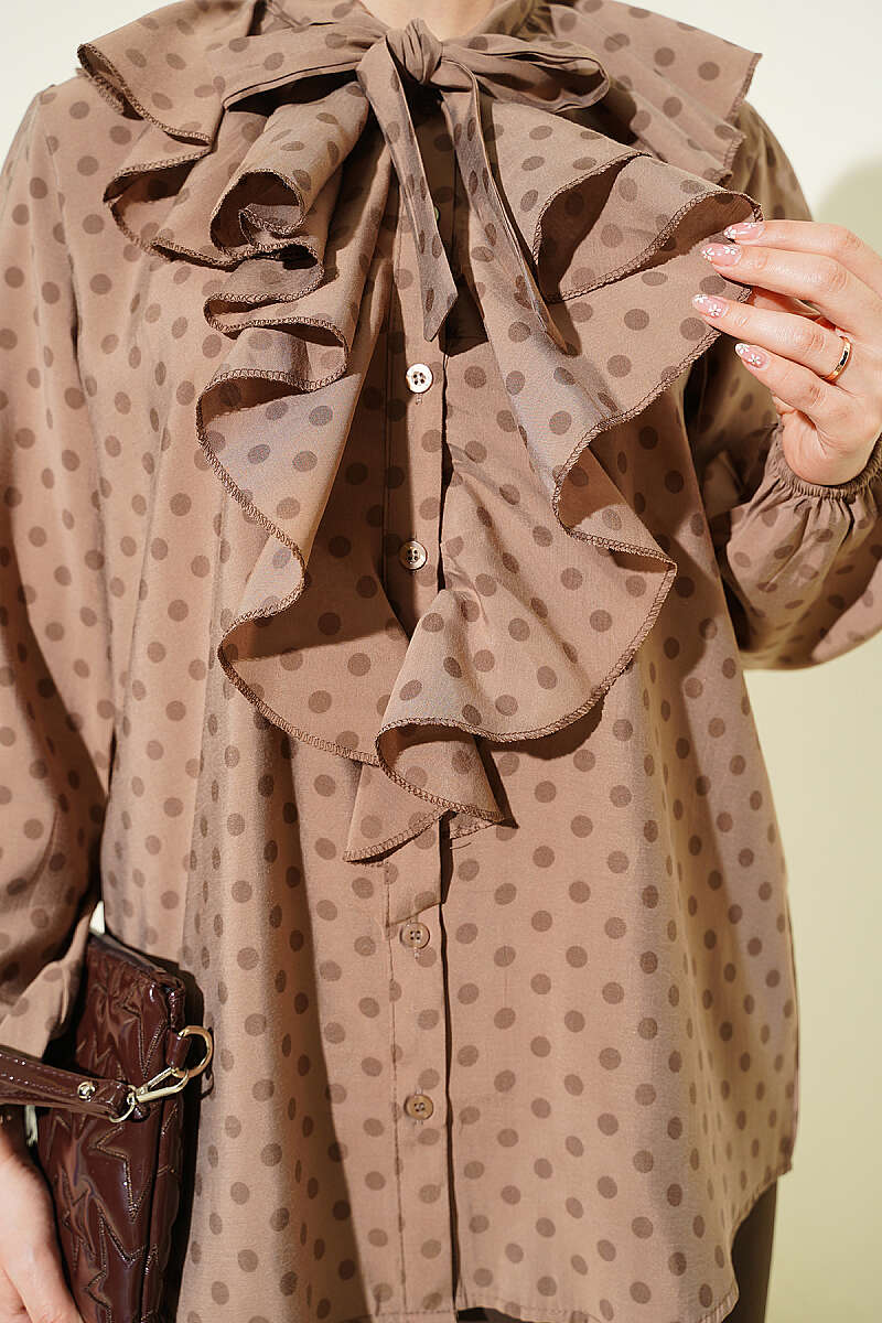Polka Dot Shirt with Ruffle Collar and Ties - Mink