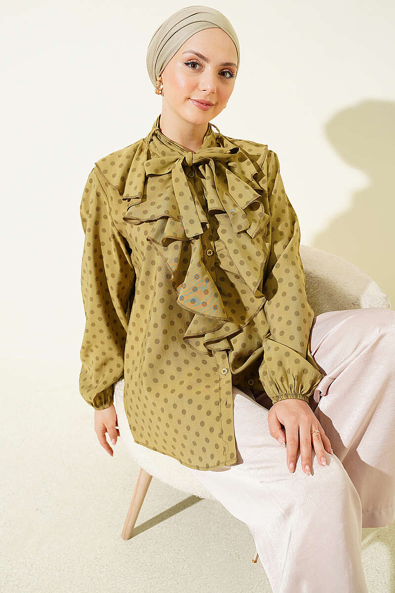 Polka Dot Shirt with Ruffle Collar and Ties - Olive