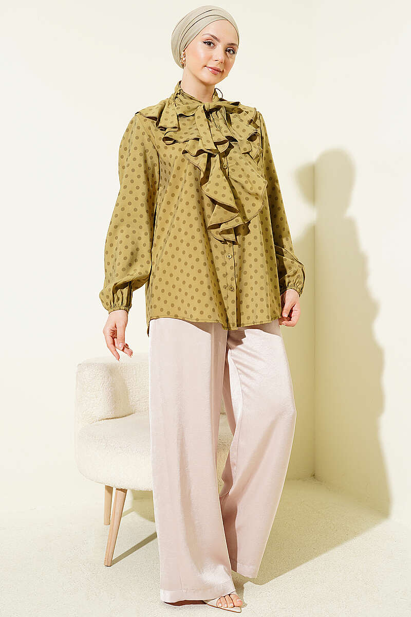 Polka Dot Shirt with Ruffle Collar and Ties - Olive
