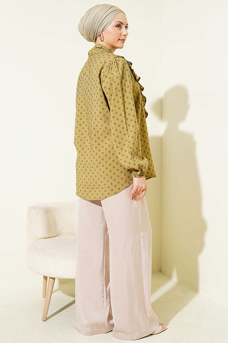 Polka Dot Shirt with Ruffle Collar and Ties - Olive