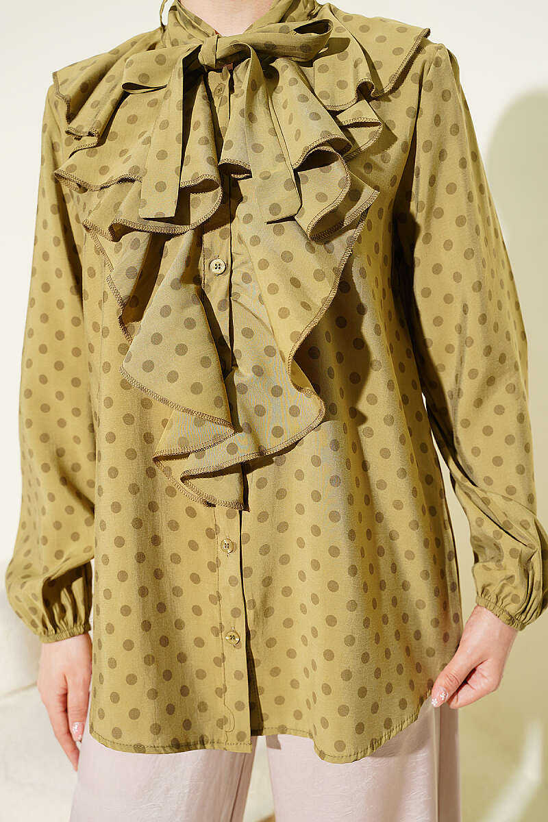 Polka Dot Shirt with Ruffle Collar and Ties - Olive