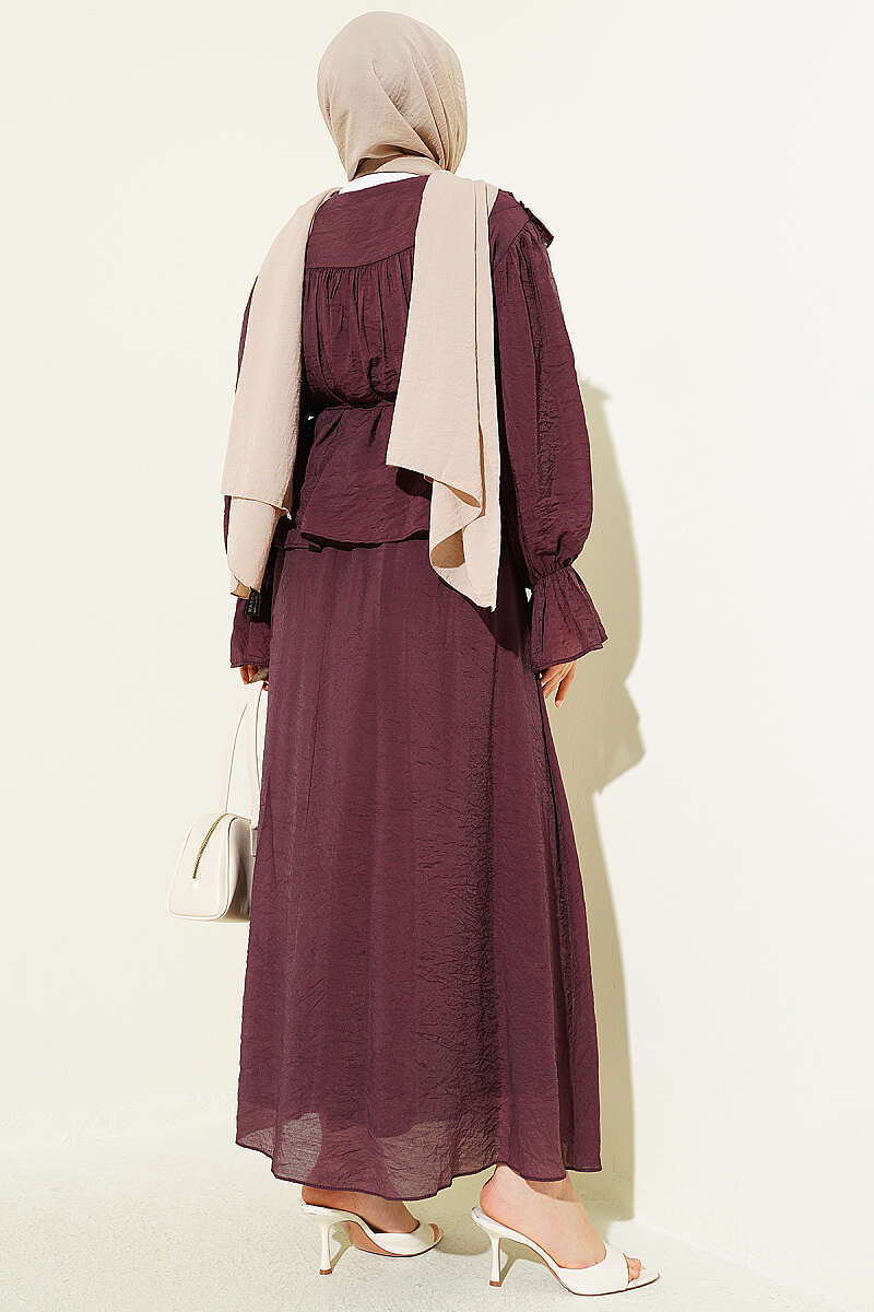Skirt Set with Ruffle Collar and Guipure Waist - Plum