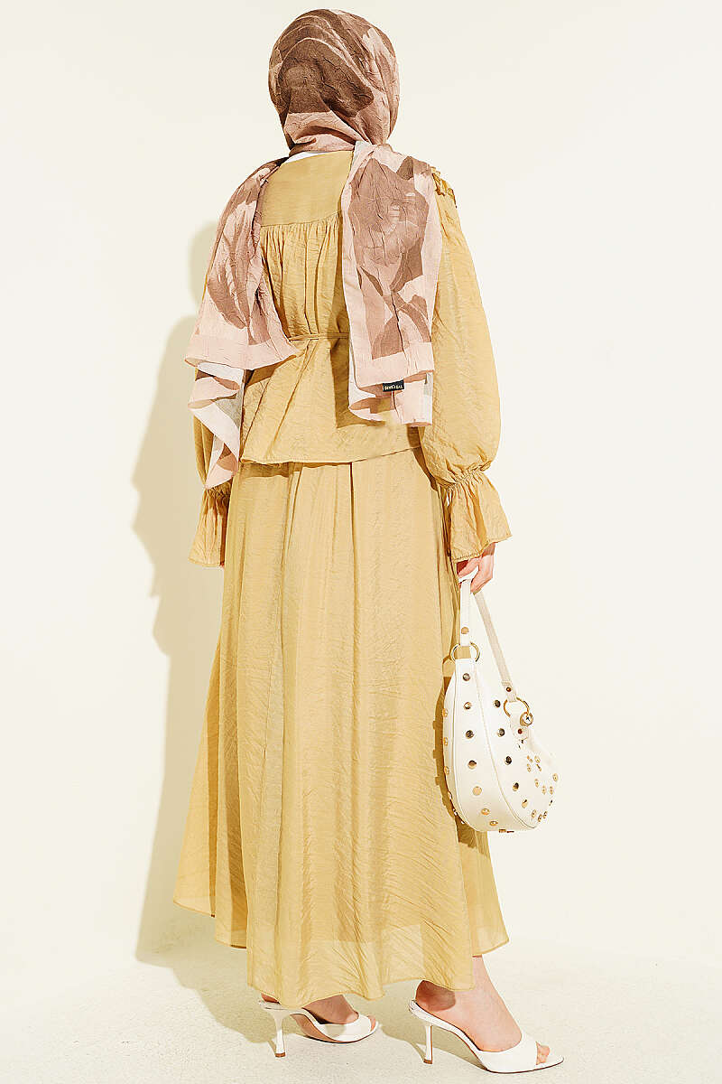 Skirt Set with Ruffle Collar and Guipure Waist - Olive
