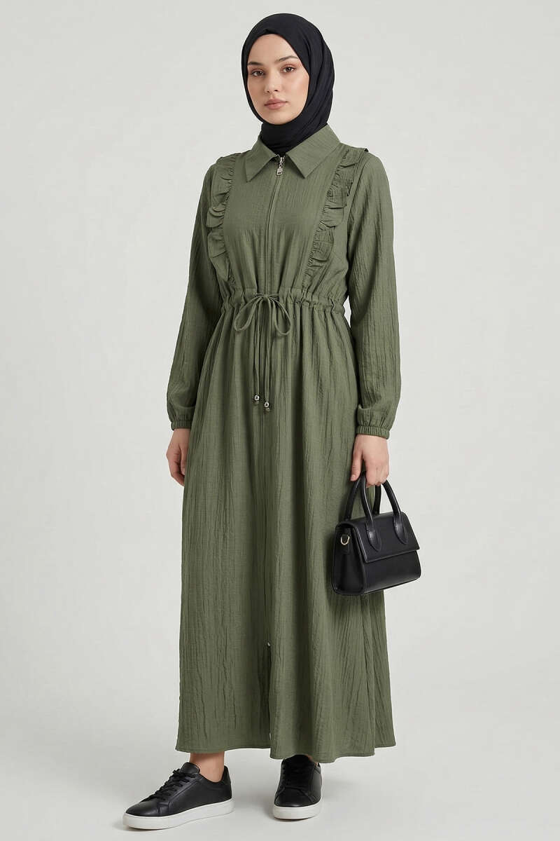 Ruffle-Collar Dress with Drawstring Waist - Khaki