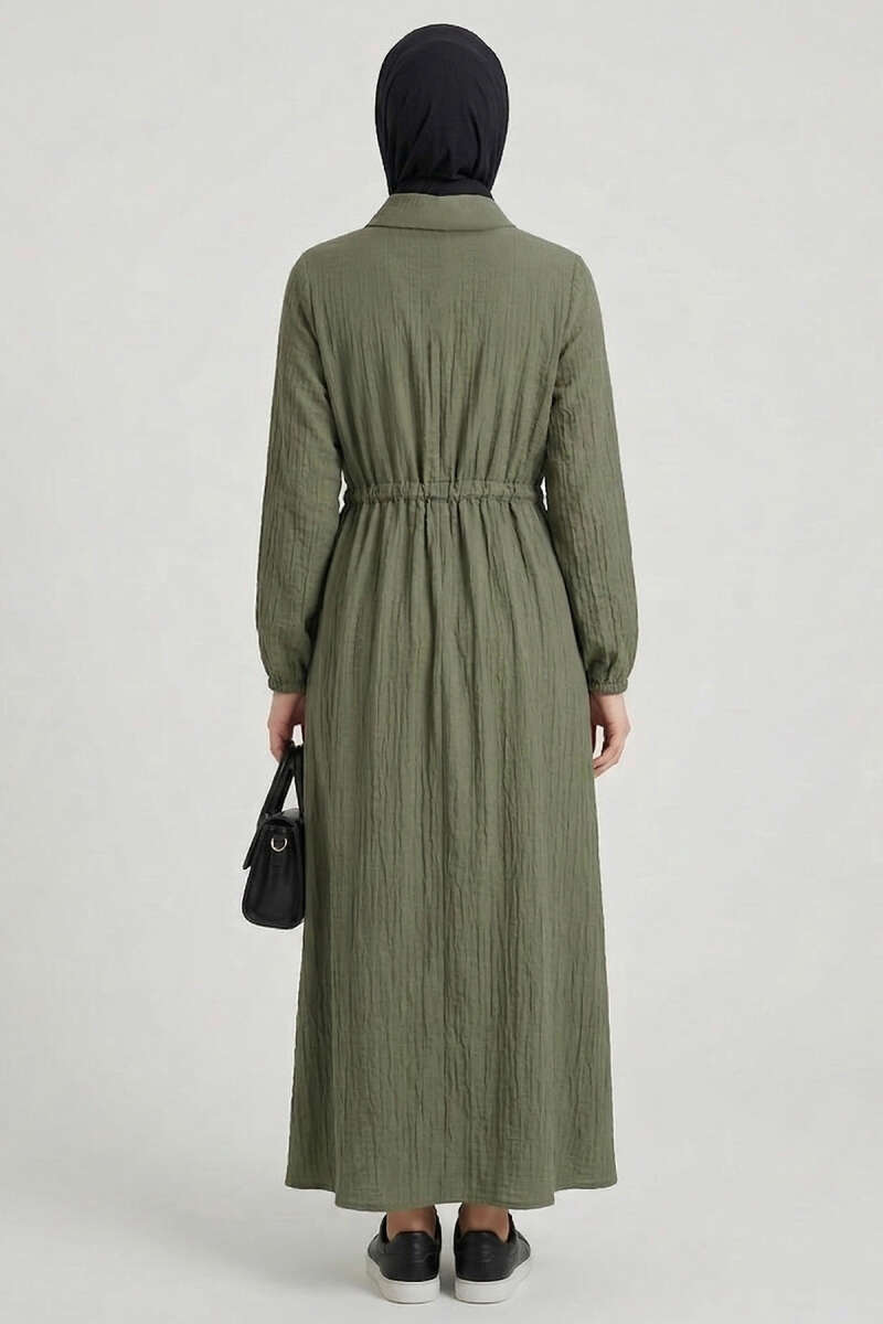 Ruffle-Collar Dress with Drawstring Waist - Khaki