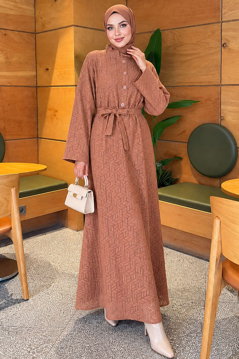 Lace Dress with Ruffled Collar - Tan