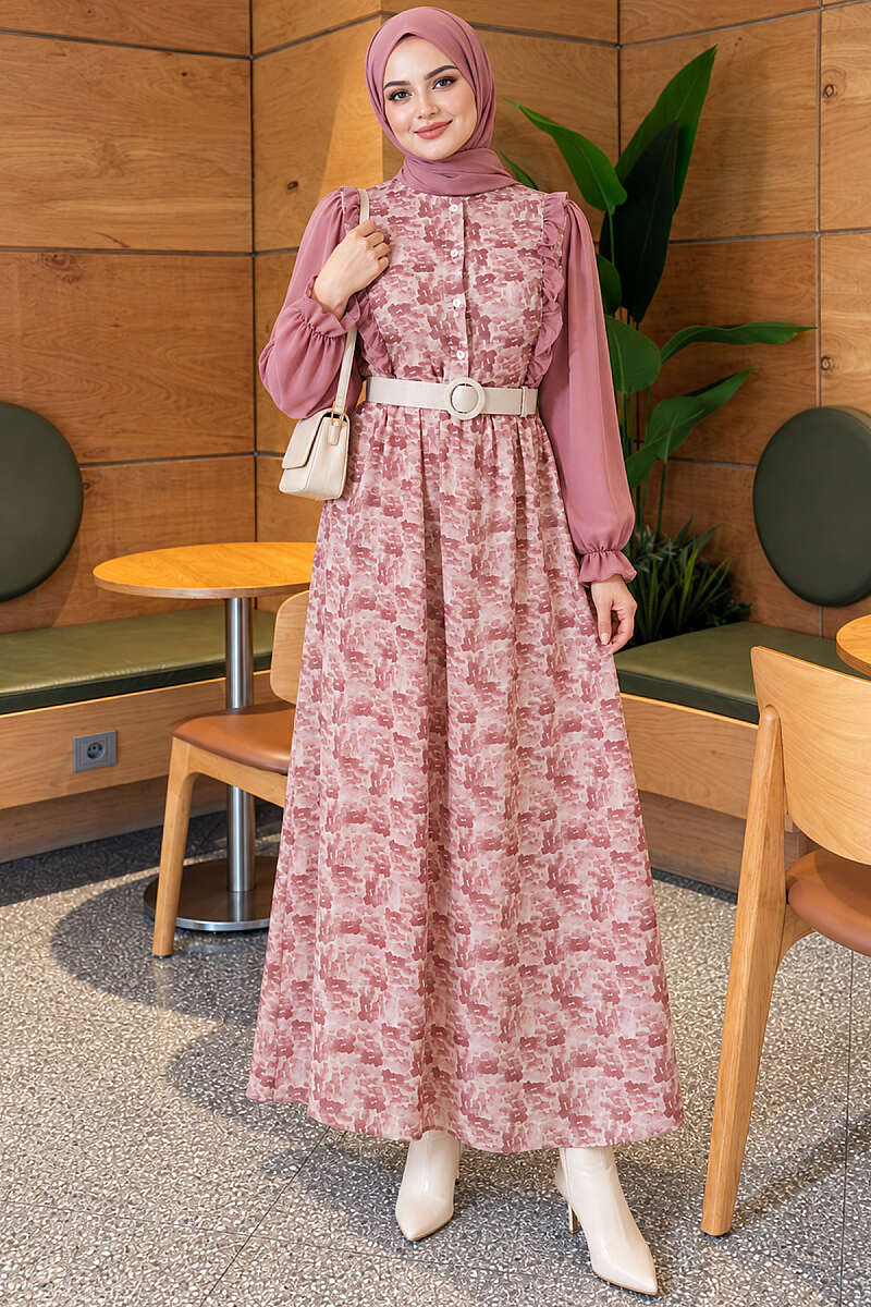 Printed Chiffon Dress with Ruffle Collar - Powder