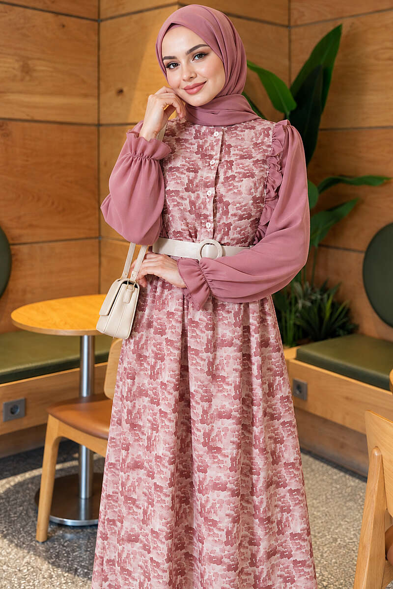 Printed Chiffon Dress with Ruffle Collar - Powder
