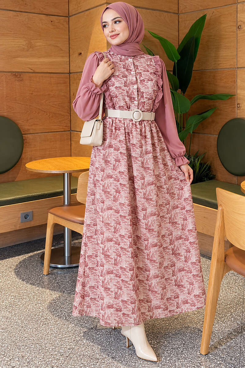 Printed Chiffon Dress with Ruffle Collar - Powder
