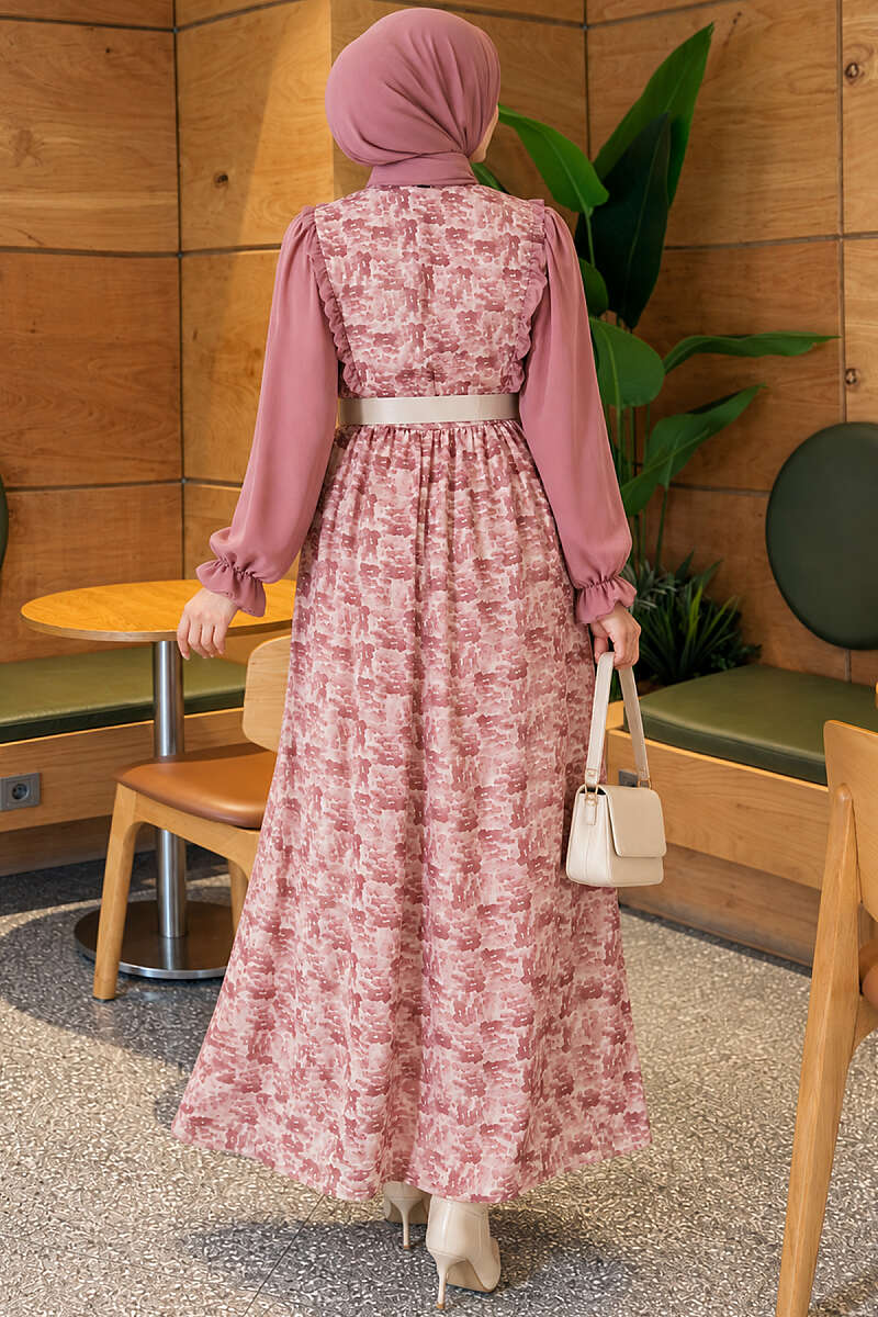 Printed Chiffon Dress with Ruffle Collar - Powder