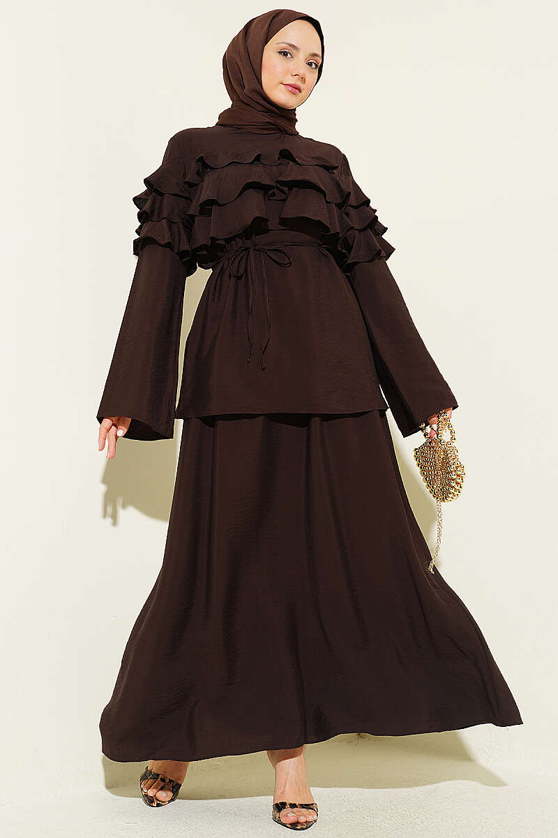 Two-Piece Skirt Set with Ruffle Collar - Dark Brown