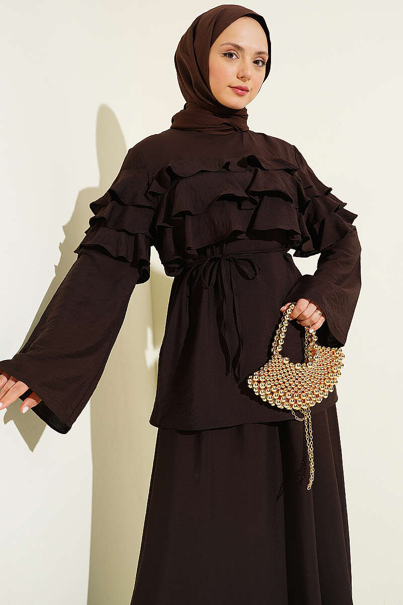 Two-Piece Skirt Set with Ruffle Collar - Dark Brown
