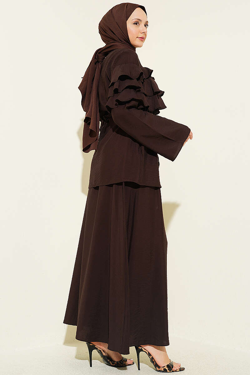 Two-Piece Skirt Set with Ruffle Collar - Dark Brown