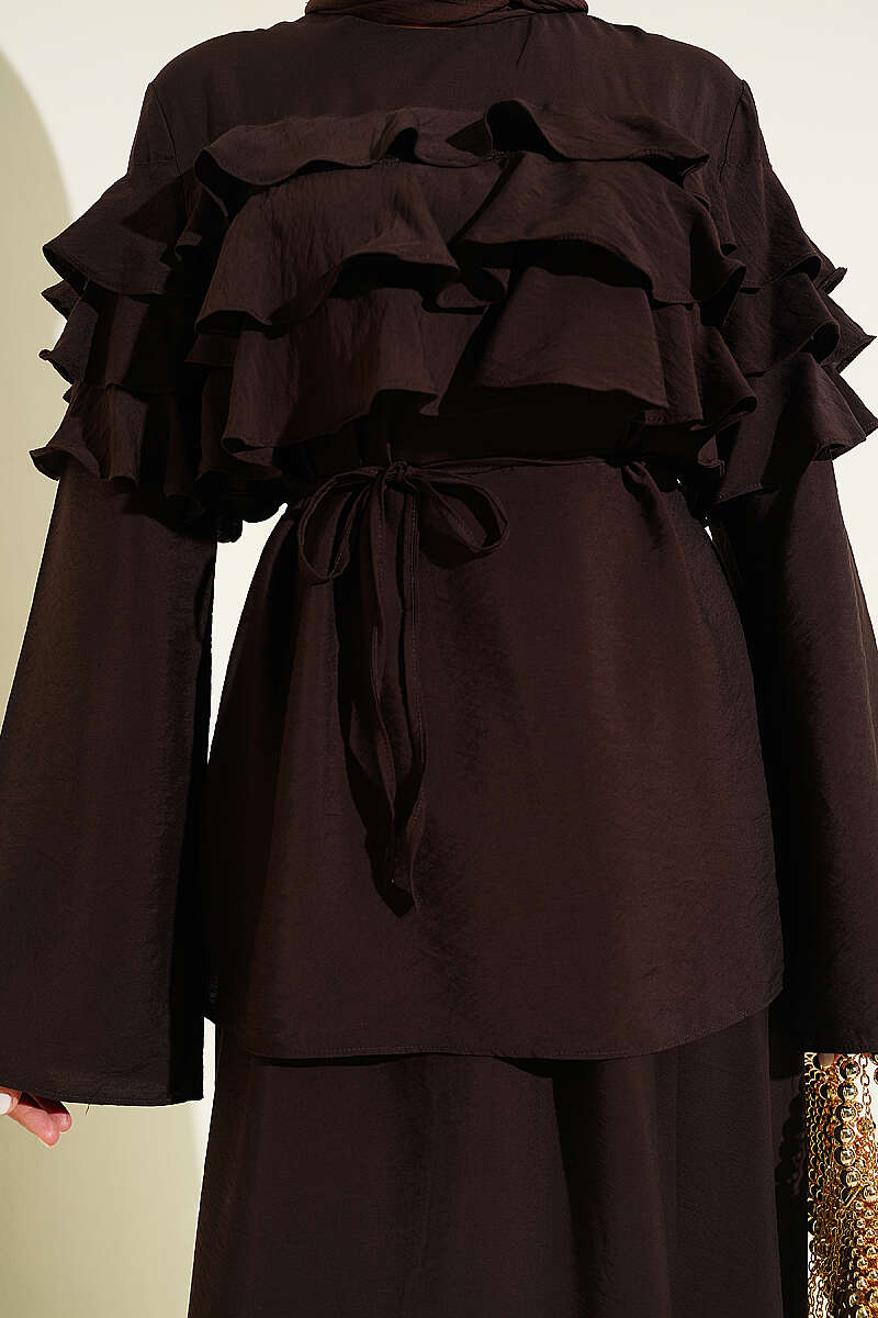Two-Piece Skirt Set with Ruffle Collar - Dark Brown