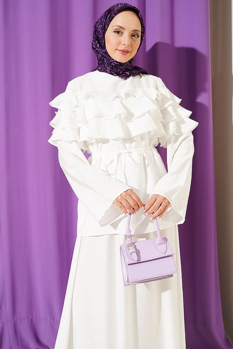 Two-Piece Skirt Set with Ruffle Collar - Ecru